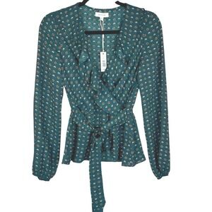 NEW Max Studio Emerald Ruffle Collar Tie Waist Peplum Blouse XS Romantic